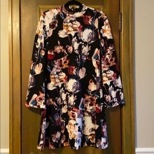 Floral mock neck a line dress with bell sleeves